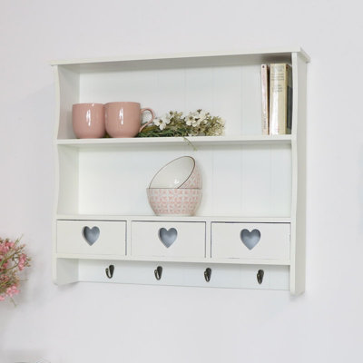 Melody Maison Large Pale Cream Wall Shelf with Heart Drawers