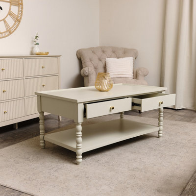 Melody Maison Large Pale Taupe Bobbin Bobble 2 Drawer Coffee Table
