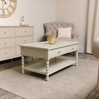 Melody Maison Large Pale Taupe Bobbin Bobble 2 Drawer Coffee Table
