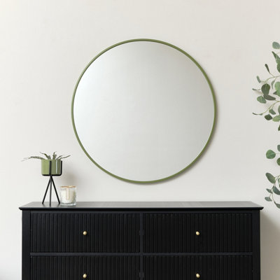 Melody Maison Large Round Olive Green Thin Framed Wall Mirror 80cm x 80cm