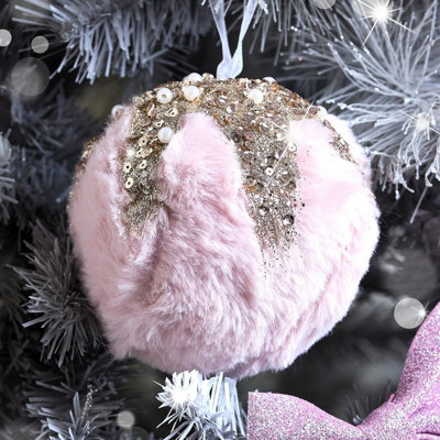 Melody Maison Large Round Pink Fur Sequined Christmas Tree Bauble - 11cm