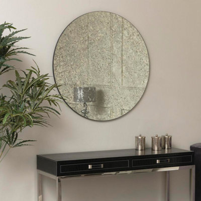 Melody Maison Large Round Silver Antique Glass Mirror 80cm x 80cm