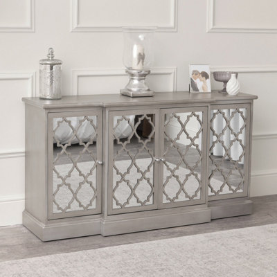 Melody Maison Large Silver Mirrored Lattice Sideboard - Sabrina Silver Range