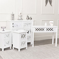 Melody Maison Large White Mirrored Chest of Drawers, Console / Dressing Table & Pair of Bedside Tables - Sabrina White Range