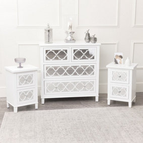 Melody Maison Large White Mirrored Chest of Drawers & Pair of Bedside Tables - Sabrina White Range