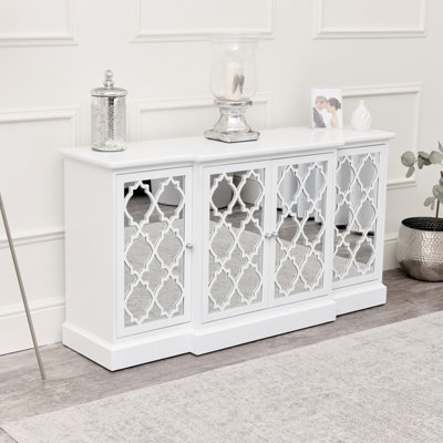 Melody Maison Large White Mirrored Lattice Sideboard - Sabrina White Range