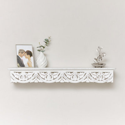 Melody Maison Large White Wooden Carved Boho Wall Shelf - 81cm