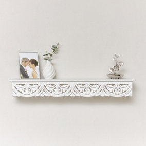 Melody Maison Large White Wooden Carved Boho Wall Shelf - 81cm