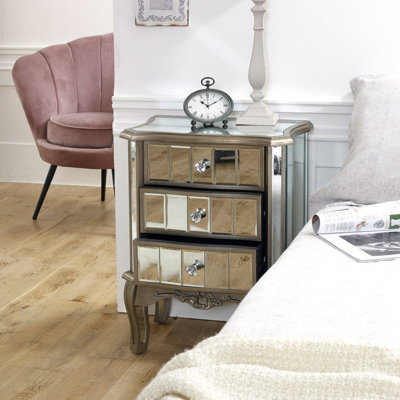 Melody Maison Mirrored 3 Drawer Bedside Table - Tiffany Range