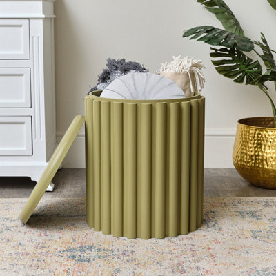Melody Maison Olive Green Wooden Fluted Storage Stool / Side Table