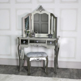 Melody Maison Ornate Mirrored 3 Drawer Dressing Table, Stool and Mirror Bedroom Furniture Set - Tiffany Range
