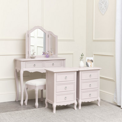 Melody Maison Pink Dressing Table, Mirror, Stool & Pair Bedside Tables - Victoria Pink Range