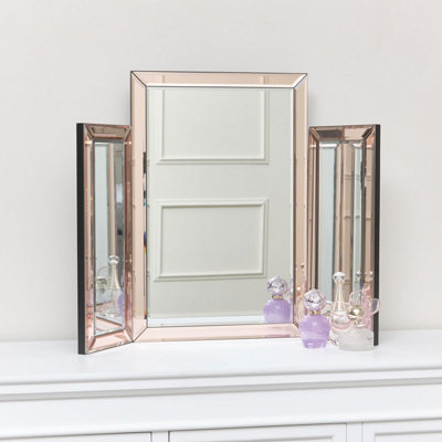 Melody Maison Pink Glass Art Deco Rectangle Triple Mirror 74cm x 55cm