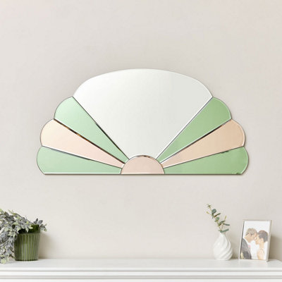 Melody Maison Pink & Green Arched Art Deco Wall Mirror 96xcm x 48cm