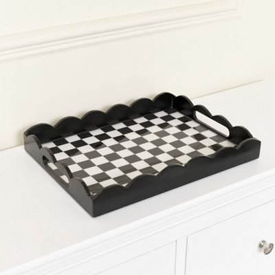 Melody Maison Rectangle Black Monochrome Checked Scalloped Tray