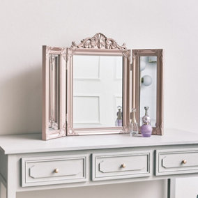Melody Maison Rose Gold Pink Ornate Dressing Table Triple Mirror 74cm x 56cm