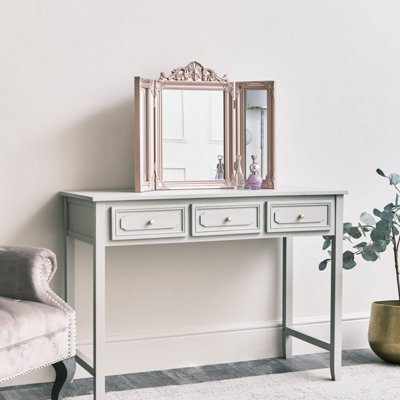 grey and rose gold dressing table Melody Maison Pink Ornate Triple Mirror dressing table design 2024