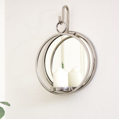 Melody Maison Round Silver Mirrored Wall Candle Sconce 