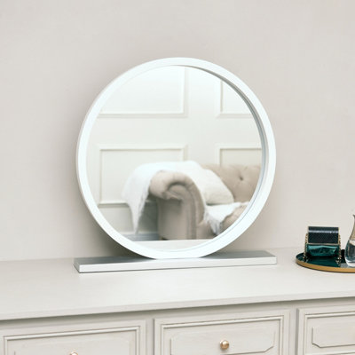 Melody Maison Round White & Silver Freestanding Table Top Mirror
