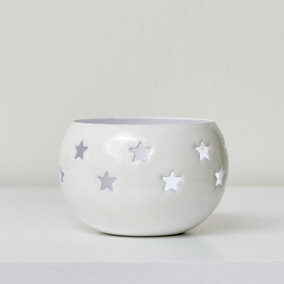Melody Maison Round White Star Tealight Candle Holder - 10cm