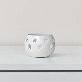Melody Maison Round White Star Tealight Candle Holder - 8cm