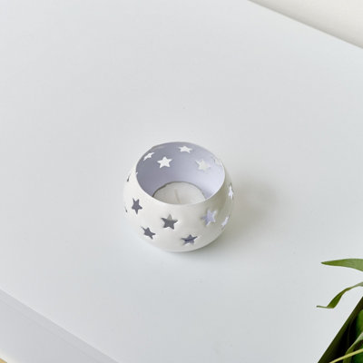 Melody Maison Round White Star Tealight Candle Holder - 8cm