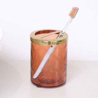 Melody Maison Rust Orange Patterned Glass Toothbrush Holder with