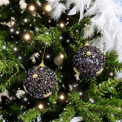 Melody Maison Set of 2 Navy Blue & Gold Sequin Star Detail Baubles