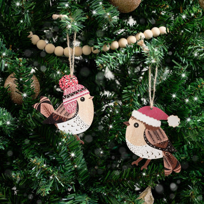 Melody Maison Set of 2 White & Rustic Wooden Robin Hanging Christmas Decorations