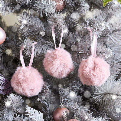 Melody Maison Set Of 3 Blush Furry Pom Pom Baubles - 8cm