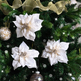 Melody Maison Set of 3 Cream Poinsettia Clip Christmas Decorations - 15cm