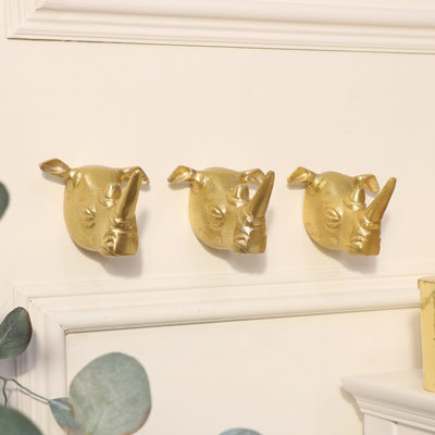 Melody Maison Set of 3 Gold Rhino Wall Hooks