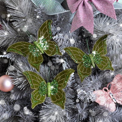 Melody Maison Set of 3 Green Glitter Sequined Butterfly Clip Christmas Decorations - 10cm