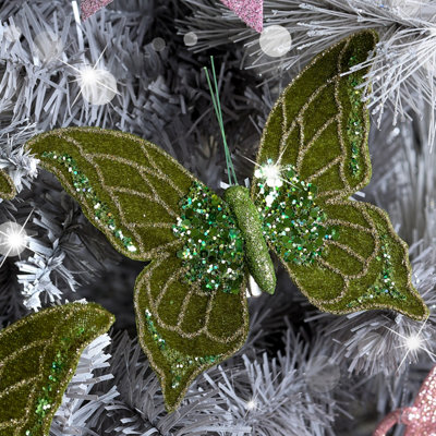 Melody Maison Set of 3 Green Glitter Sequined Butterfly Clip Christmas Decorations - 10cm