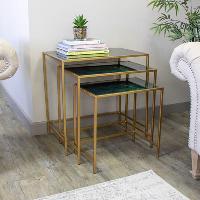 Melody Maison Set Of 3 Green Marble & Gold Nest Of Tables