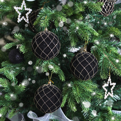 Melody Maison Set of 3 Large Round Black & Gold Christmas Tree Baubles - 10cm