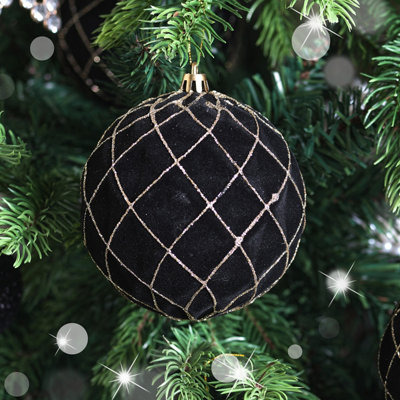 Melody Maison Set of 3 Large Round Black & Gold Christmas Tree Baubles - 10cm