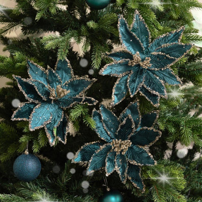 Melody Maison Set Of 3 Large Teal Green & Silver Poinsettia