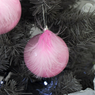 Melody Maison Set of 3 Pearlescent Pink Feather Baubles - 8cm