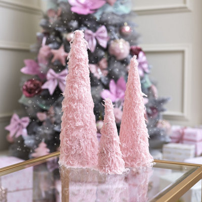 Melody Maison Set of 3 Pink Fur Sequin Christmas Cones - 41cm