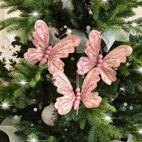 Melody Maison Set of 3 Pink Glitter Butterfly Clip Decorations - 17cm