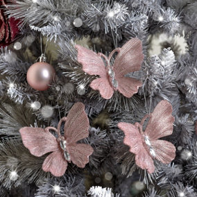 Melody Maison Set of 3 Pink Glitter Jewelled Butterfly Christmas Decorations - 10cm