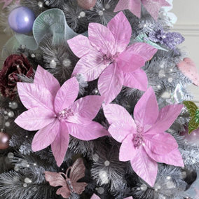 Melody Maison Set of 3 Pink Glitter Poinsettia Christmas Decorations - 24cm