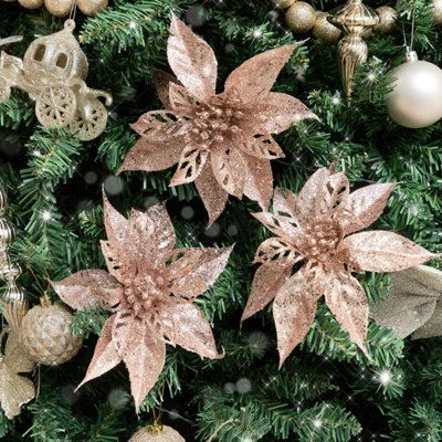 Melody Maison Set Of 3 Pink Glitter Poinsettia Picks - 24cm