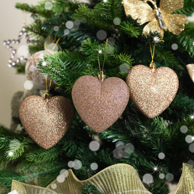 Melody Maison Set of 3 Rose Gold Glitter Heart Christmas Baubles - 10cm Price Comparisons | Compare The Build