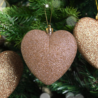 Melody Maison Set of 3 Rose Gold Glitter Heart Christmas Baubles - 10cm