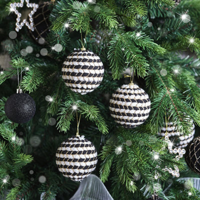 Melody Maison Set of 3 Round Black & White Stripe Rope Christmas Tree Baubles - 8cm