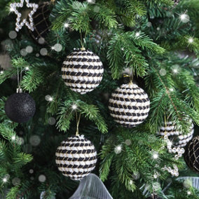 Melody Maison Set of 3 Round Black & White Stripe Rope Christmas Tree Baubles - 8cm