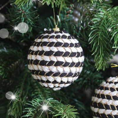 Melody Maison Set of 3 Round Black & White Stripe Rope Christmas Tree Baubles - 8cm