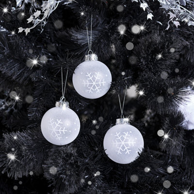 Melody Maison Set of 3 Round White Frosted Snowflake Christmas Baubles - 8cm